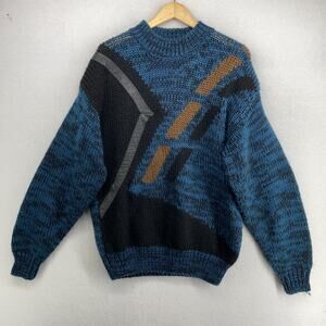 CAMBRIDGE CLASSICS Sweater L 80s Mervyns Leather Trim Chunky Pullover Blue VTG